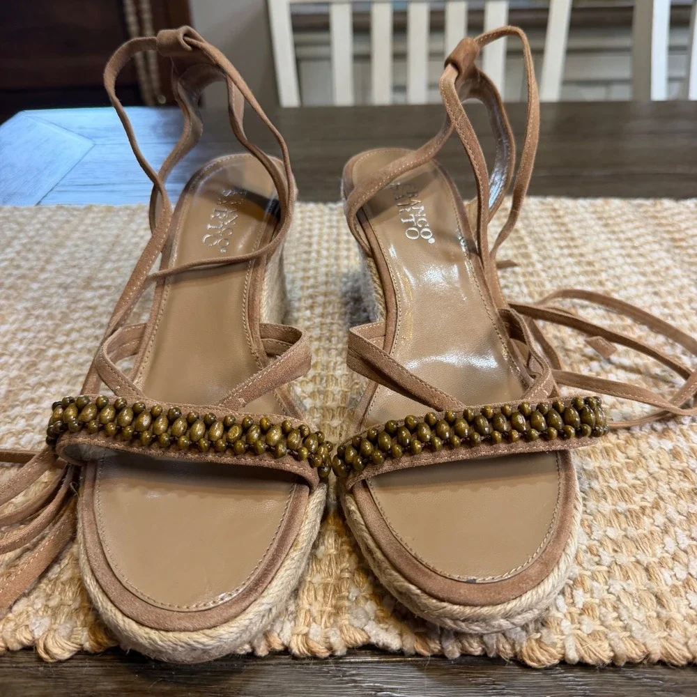 Franco Sarto Herbal Tan Leather Beaded Espadrille Wedge Sandals Womens 9M